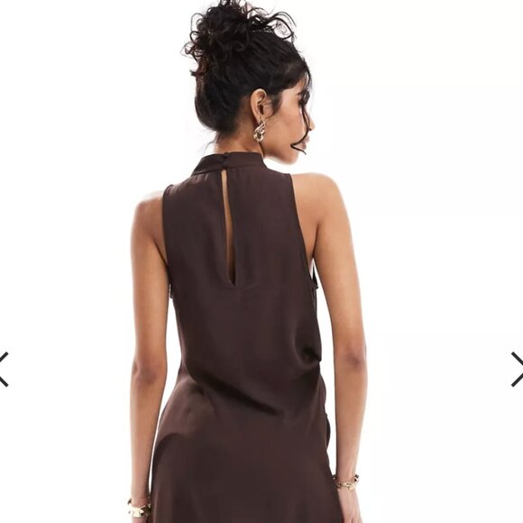 ASOS DESIGN cowl neck drape asymmetric midi dress in chocolate - Picture 3 of 3